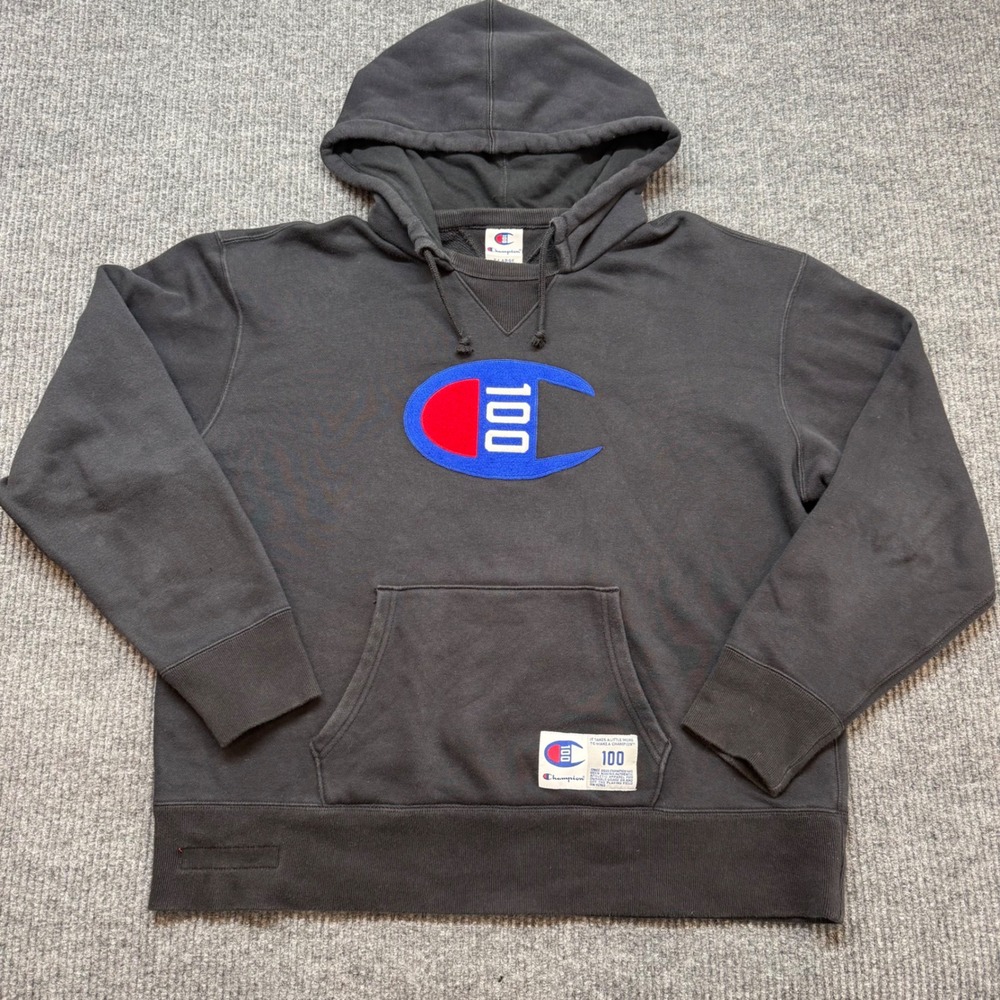 Champion C100 Century Collection Hoodie Mens XL Black Chenille Logo Drawstring